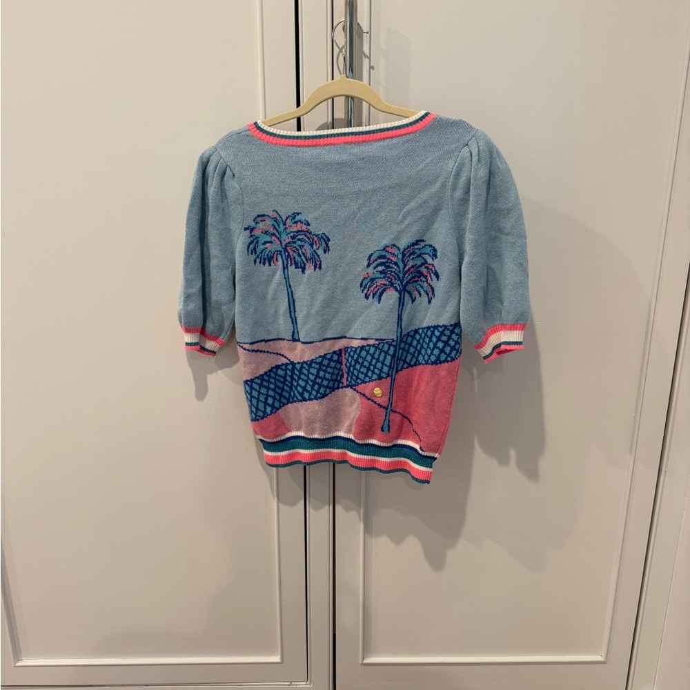 Lilly Pulitzer Ravello Blue Palm Intarsia Sweater with Pink Accents - Picture 2 of 5